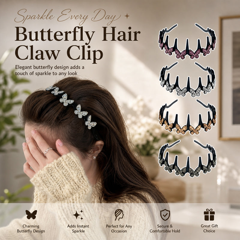 Women's Sparkling Butterfly Wave Headband – Volumizing Effect for a High Crown & Face-Washing Clip
