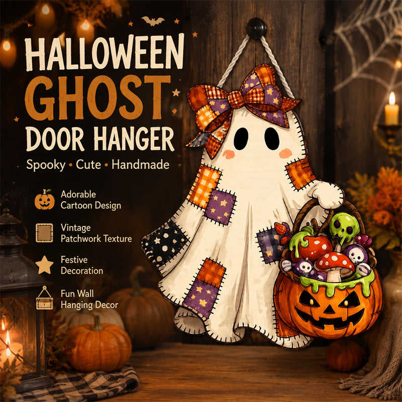 Patchwork Ghost Hanging Wooden Card