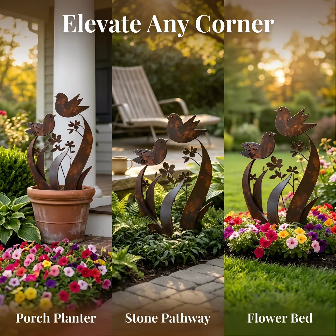 Bird & Wildflower Metal Garden Stake