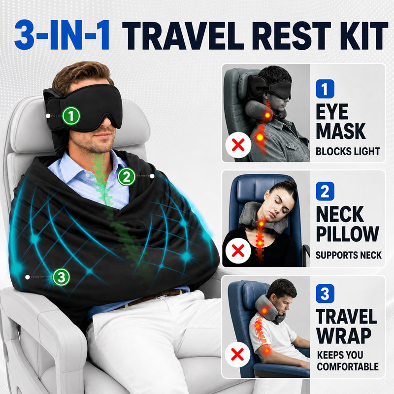 ✈️ 3-i-1 Resesovset – Ögonmask & Ergonomiskt Armstöd för Bekväm Sömn