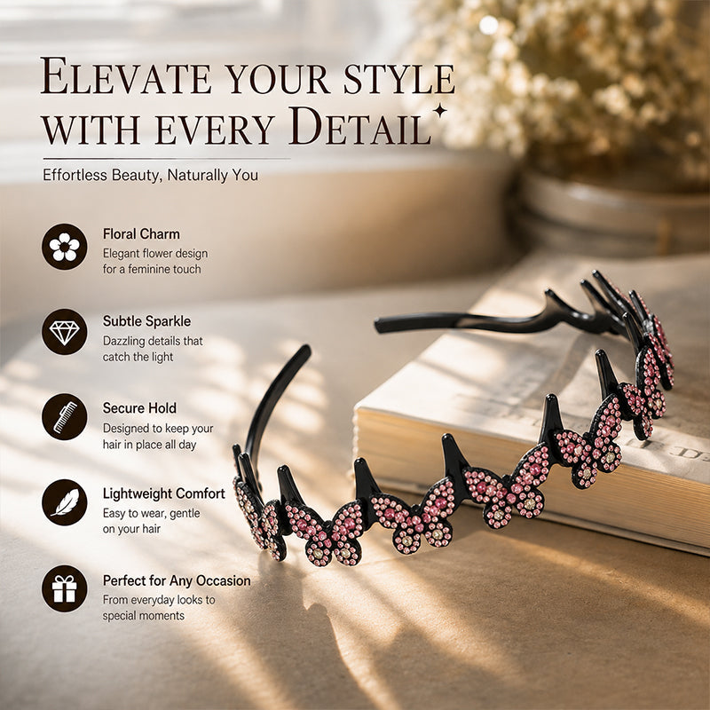 Women's Sparkling Butterfly Wave Headband – Volumizing Effect for a High Crown & Face-Washing Clip