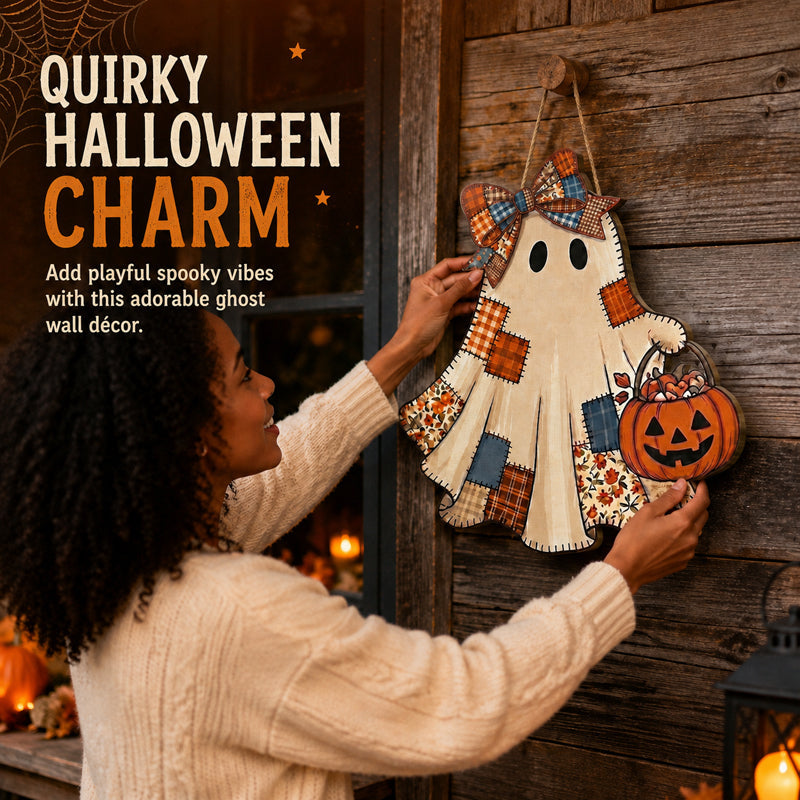 Patchwork Ghost Hanging Wooden Card