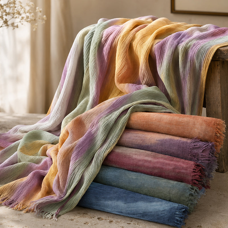 Ethnic Rainbow Tie-Dye Rayon Wrinkled Versatile Long Scarf - Bohemian Chic Hijab & Shawl