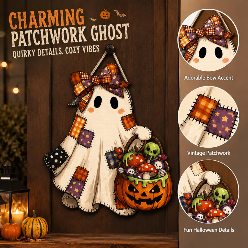 Patchwork Ghost Hanging Wooden Card