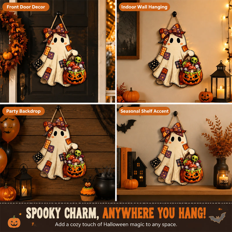 Patchwork Ghost Hanging Wooden Card