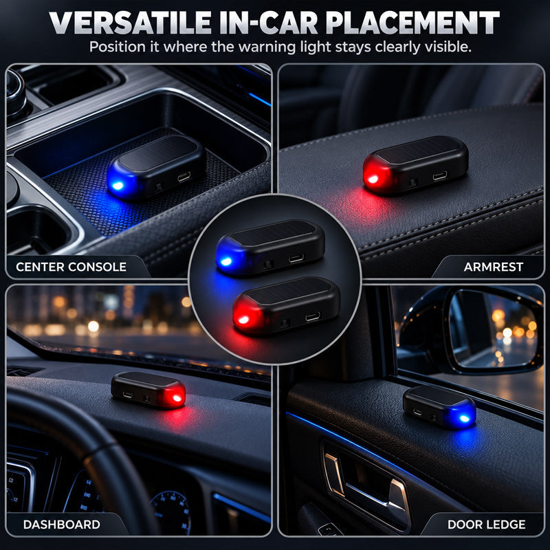 🚗 Solcellsdriven LED-varningslampa för bil – smart stöldskydd med blinkande ljus