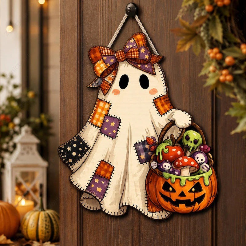 Patchwork Ghost Hanging Wooden Card