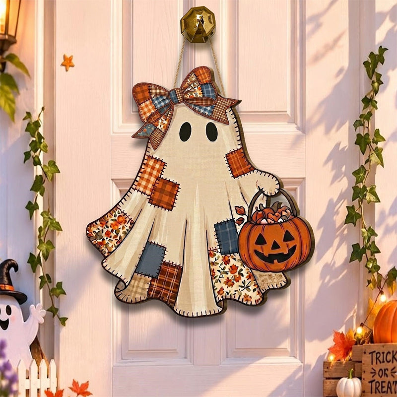 Patchwork Ghost Hanging Wooden Card